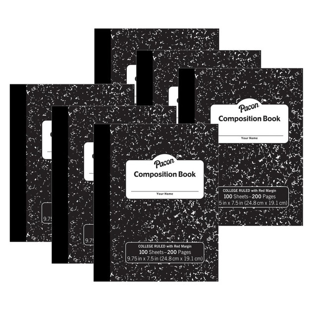 DIXON TICONDEROGA CO Pacon® Composition Book, Black Marble, 9/32" Ruled w/ Margin, 9-3/4" x 7-1/2", 100 Sheets, Pack of 6