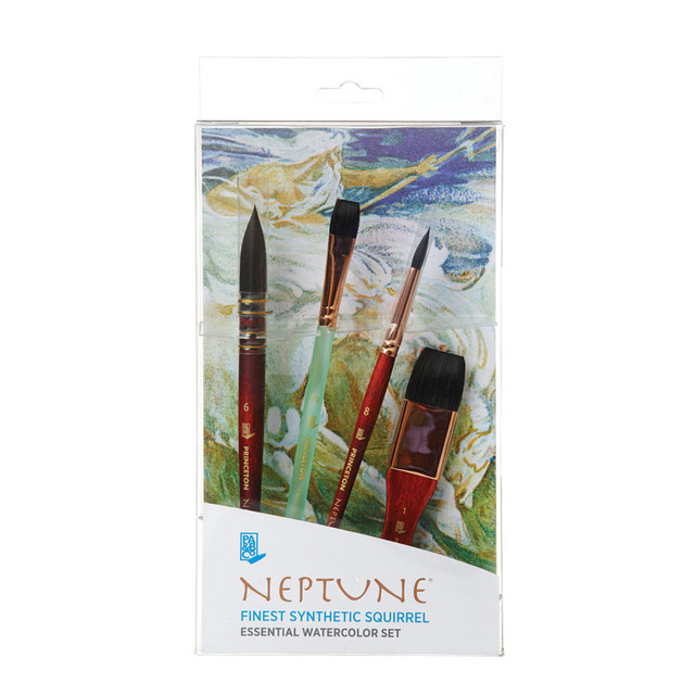 DIXON FINE ART Princeton Neptune Watercolor Brush Set, Synthetic Bristles, Short Handle Watercolor Paintbrush, Dark Wood, 4 Pieces
