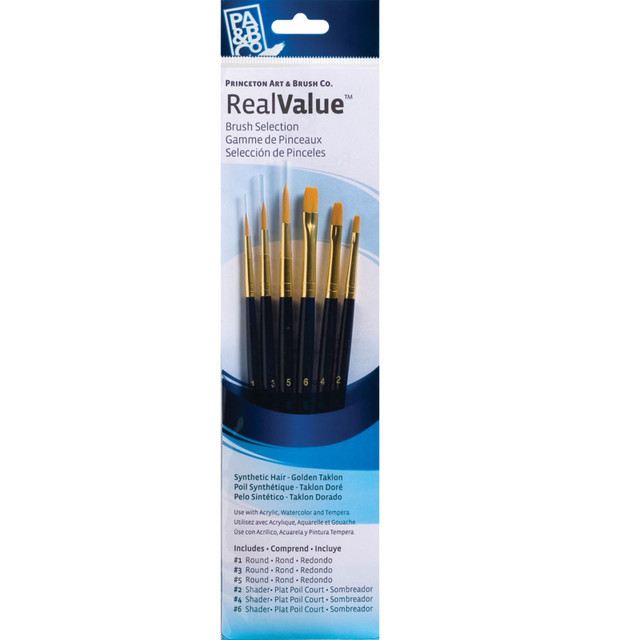 DIXON FINE ART Princeton RealValue Brush Set, Gold Taklon Bristles, Short Handle Mixed Media Paintbrush, Dark Blue, 6 Pieces