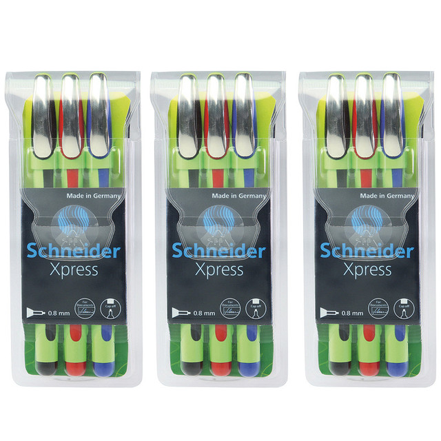 REDIFORM INC Schneider® Xpress Fineliner Pen, Fiber Tip, 0.8 mm, 3 Colors Per Pack, 3 Packs