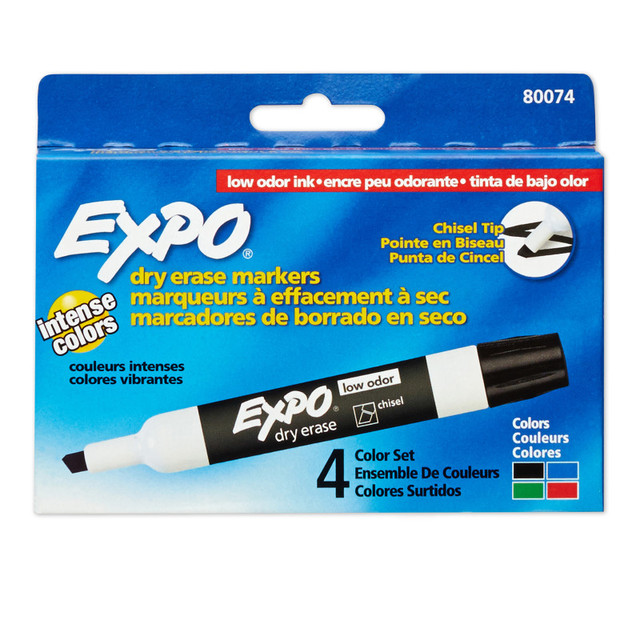 NEWELL BRANDS DISTRIBUTION LLC EXPO® Low-Odor Dry Erase Markers, Chisel Tip, 4 Colors, Pack of 4