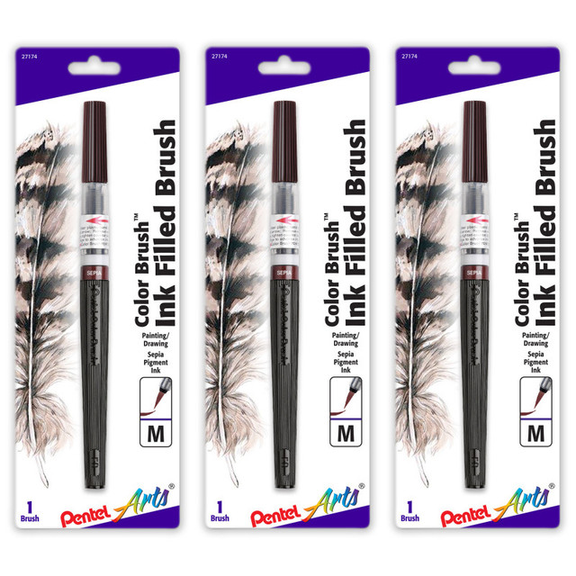 PENTEL OF AMERICA Pentel Arts Color Brush with Water-Based Ink, Medium Tip, Sepia, Pack of 3