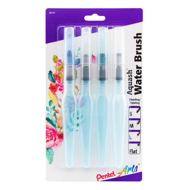 PENTEL OF AMERICA Pentel Arts Aquash Water Brush Assorted Tips, 4-Pack, Peggable Carded