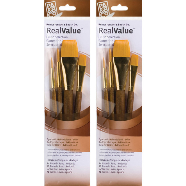 DIXON FINE ART Princeton RealValue Brush Set, Gold Taklon Bristles, Short Handle Mixed Media Paintbrush, Brown, 4 Per Set, 2 Sets