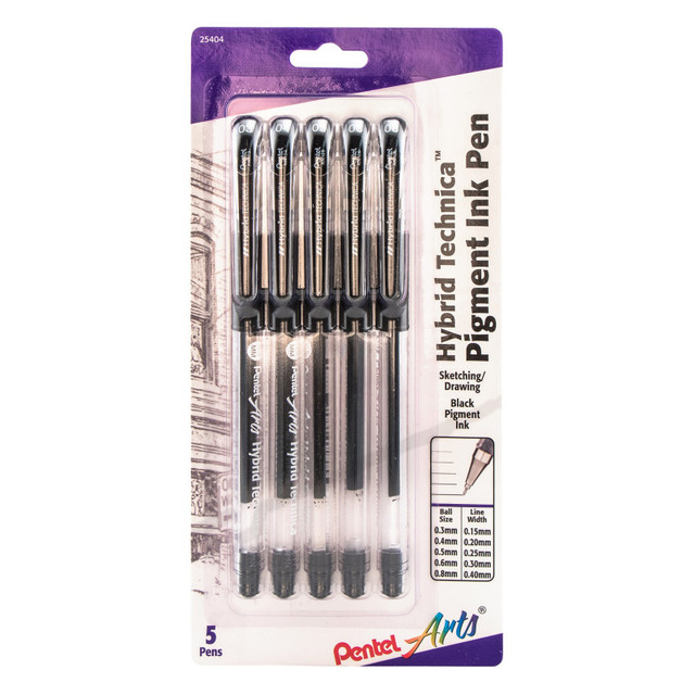PENTEL OF AMERICA Pentel Arts Hybrid Technica Gel Pen, Assorted Tip Sizes (0.05, 0.1, 0.3, 0.5, 0.8), Black Ink, 5-Pack