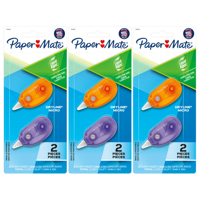NEWELL BRANDS DISTRIBUTION LLC Paper Mate® Liquid Paper DryLine Micro Correction Tape, Assorted Colors, 2 Per Pack, 3 Packs