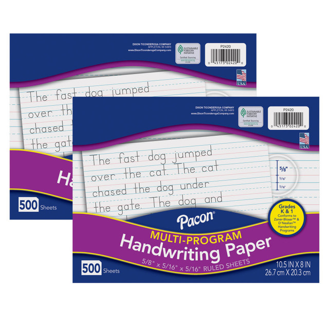 DIXON TICONDEROGA CO Pacon® Multi-Program Handwriting Paper, 5/8" Ruled (Long Way), White, 10-1/2" x 8", 500 Sheets Per Pack, 2 Packs