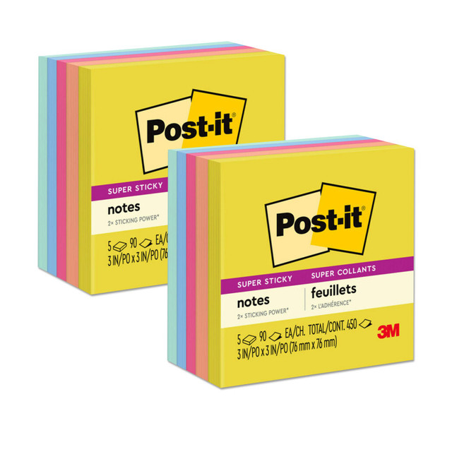 3M COMPANY Post-it® Super Sticky Notes, 3x3 in, Summer Joy Collection, Assorted Colors, 90 Sheets/Pad, 5 Pads/Pack, 2 Packs