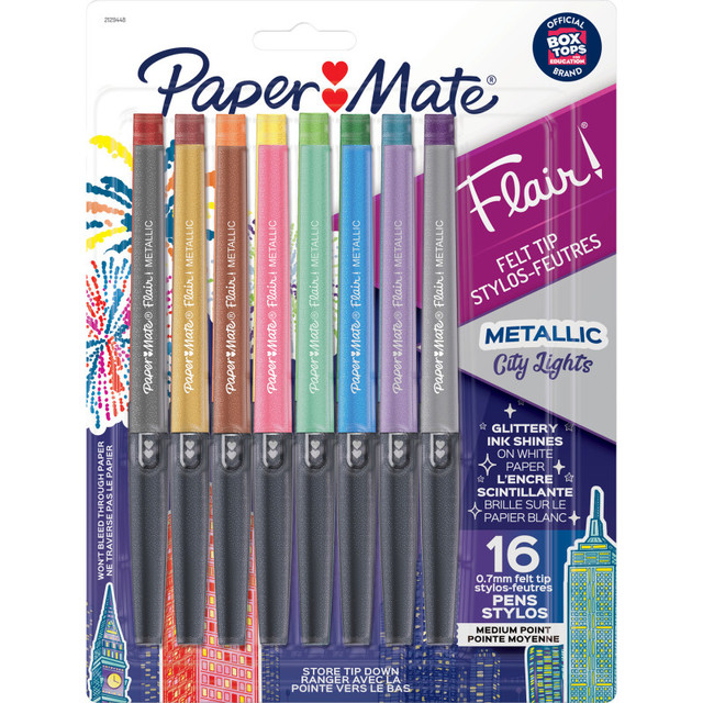 NEWELL BRANDS DISTRIBUTION LLC Paper Mate® Flair Felt Tip Pens, Medium Point (0.7mm), Metallic City Lights, 16 Count