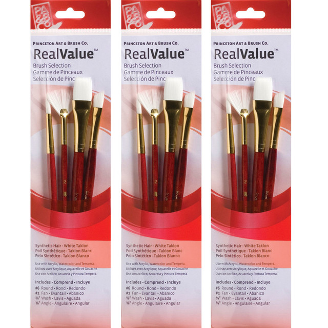 DIXON FINE ART Princeton RealValue Brush Set, White Taklon Bristles, Short Handle Mixed Media Paintbrush, Red, 4 Per Set, 3 Sets