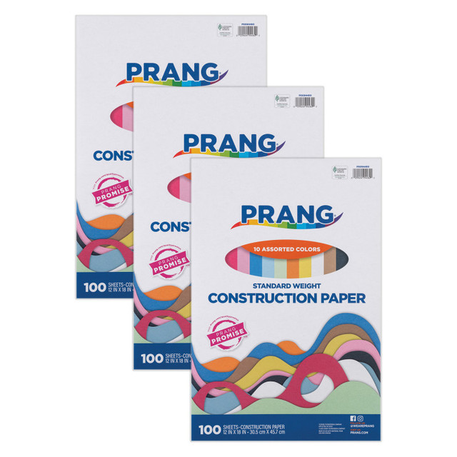 DIXON TICONDEROGA CO Prang® Construction Paper, Standard Weight, 10 Assorted Colors, 12" x 18", 100 Sheets Per Pack, 3 Packs