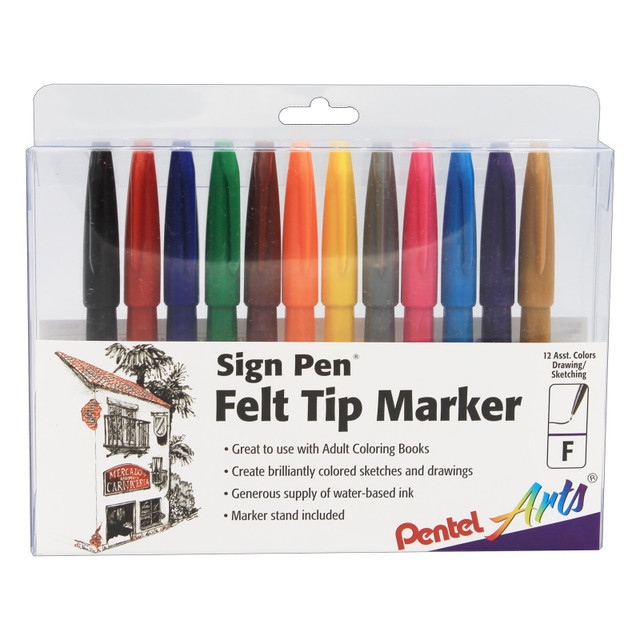 PENTEL OF AMERICA Pentel® Sign Pen®, Fine Point Color Markers, Assorted, Pack of 12