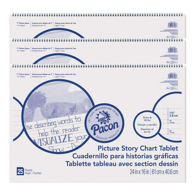 DIXON TICONDEROGA CO Pacon® Picture Story Chart Tablet, White, Ruled Long, 1-1/2" Ruled, 24" x 16", 25 Sheets, Pack of 3