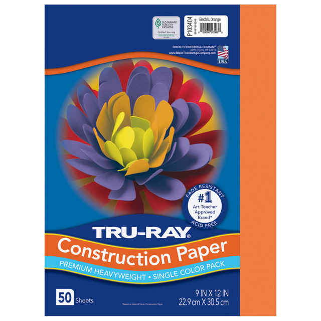 DIXON TICONDEROGA CO Tru-Ray® Construction Paper, Heavyweight, Electric Orange, 9" x 12", 50 Sheets