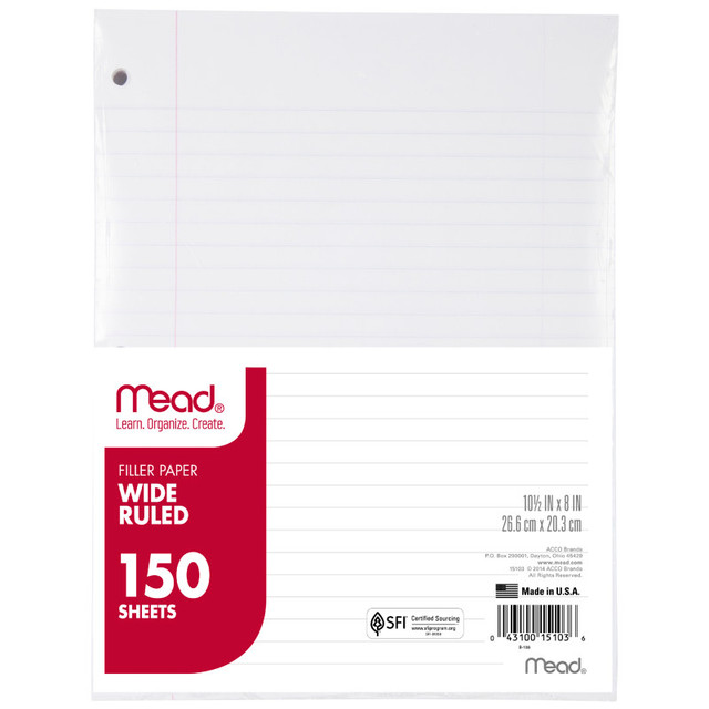 MEAD - ACCO BRANDS USA LLC Mead® Notebook Filler Paper, Wide Ruled, 150 Sheets