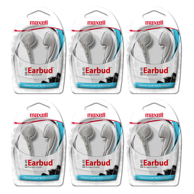 MAXELL CORP OF AMERICA Maxell Budget Stereo Earbuds, White, Pack of 6