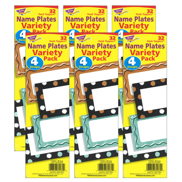 TREND ENTERPRISES INC. TREND I ♥ Metal™ Dots & Embossed Desk Toppers® Name Plates Variety Pack, 32 Per Pack, 6 Packs