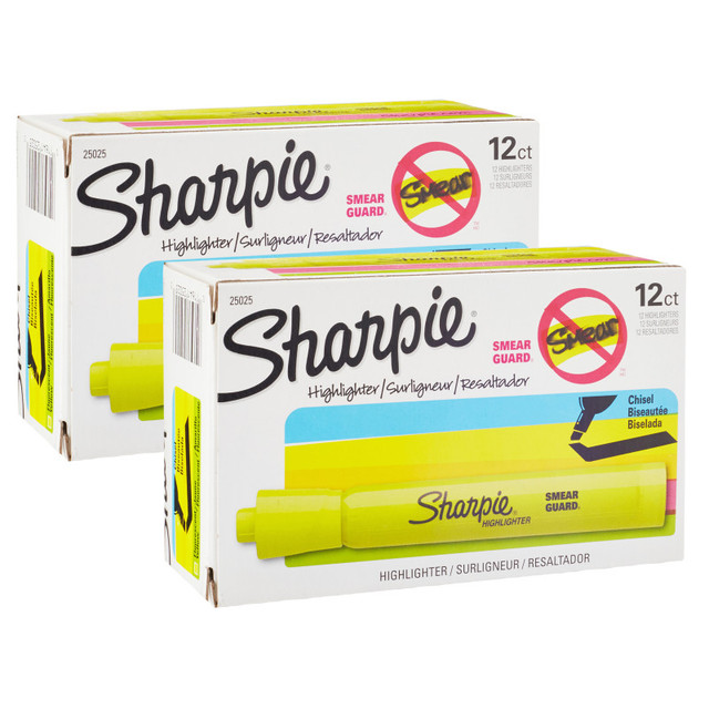 NEWELL BRANDS DISTRIBUTION LLC Sharpie® Tank Style Highlighters, Chisel Tip, Fluorescent Yellow, 12 Per Pack, 2 Packs