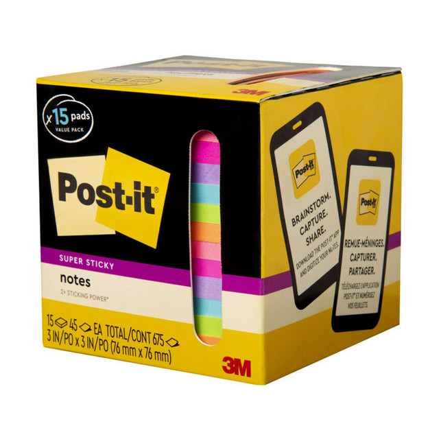 3M COMPANY Post-it® Super Sticky Notes, 3 in. x 3 in., Assorted Bright Colors, 45 Sheets/Pad, 15 Pads/Pack