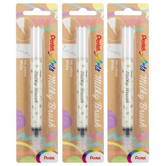 PENTEL OF AMERICA Pentel Arts Milky Brush Pen, White Ink, Pack of 3