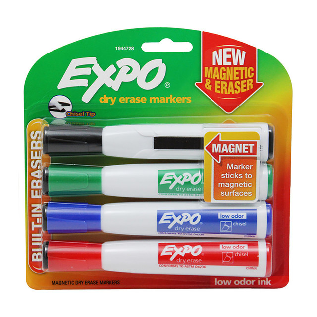 NEWELL BRANDS DISTRIBUTION LLC EXPO® Magnetic Dry Erase Markers with Eraser, Chisel Tip, Assorted, 4-Count