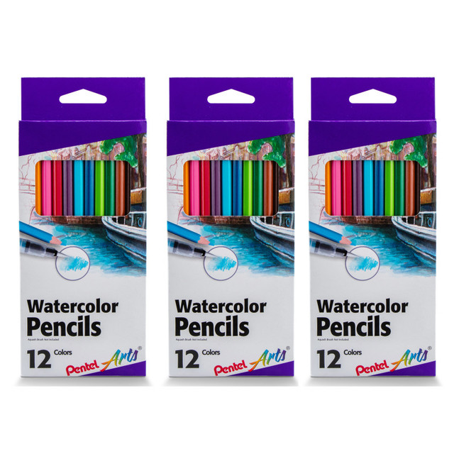 PENTEL OF AMERICA Pentel Arts Watercolor Pencil Set, Assorted Colors, 12 Per Set, 3 Sets