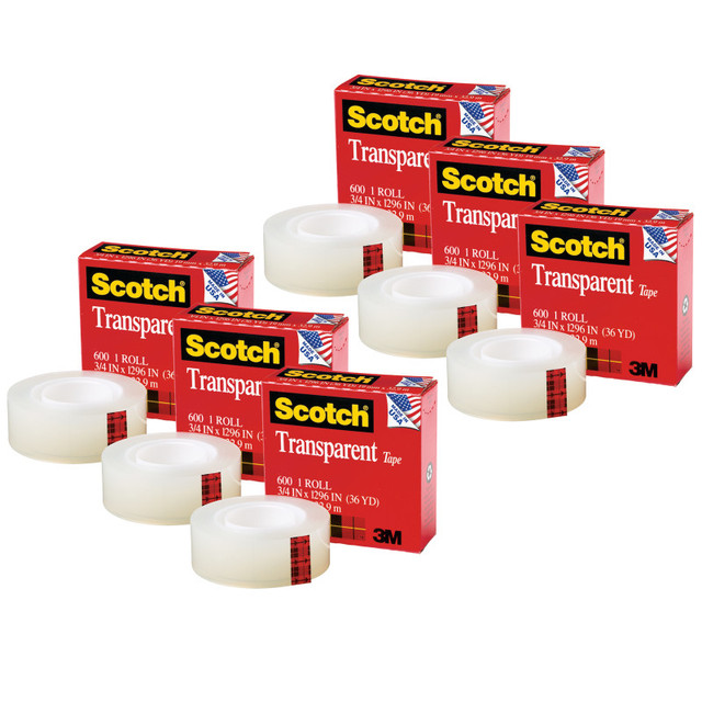 3M COMPANY Scotch® Transparent Tape Refill Roll, 3/4" x 1296", Pack of 6