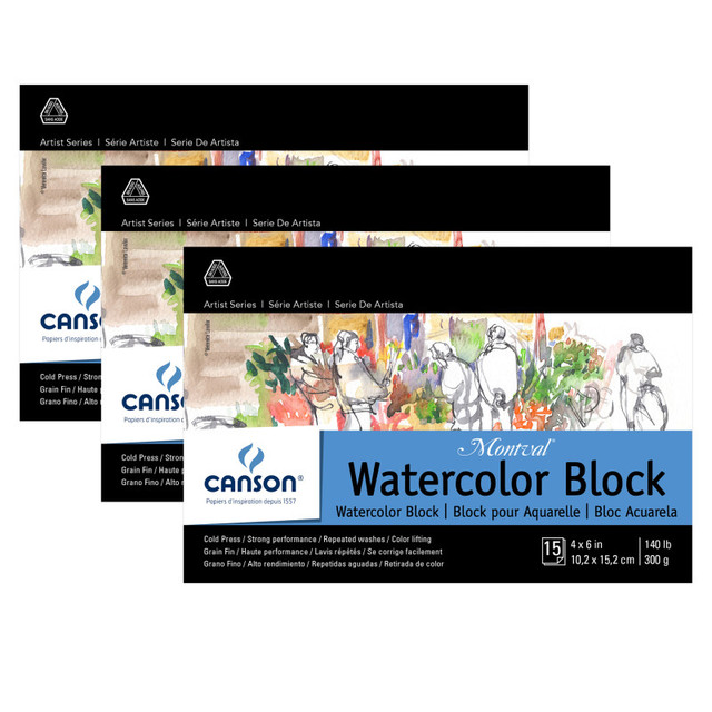 DIXON FINE ART Canson Artist Series Montval Watercolor Block, Foldover Binding, 15 Sheet, 4x6 inch, Pack of 3