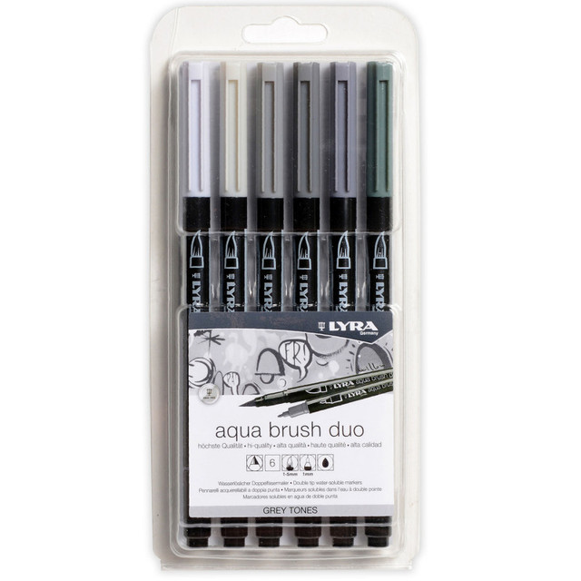 DIXON FINE ART Lyra® Aqua Brush Duo Dual Tip Marker Set, Gray Assorted Colors, 6 Pieces