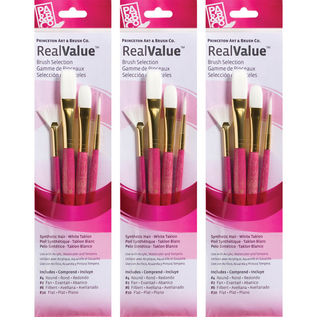 DIXON FINE ART Princeton RealValue Brush Set, White Taklon Bristles, Short Handle Mixed Media Paintbrush, Pink, 4 Per Set, 3 Sets