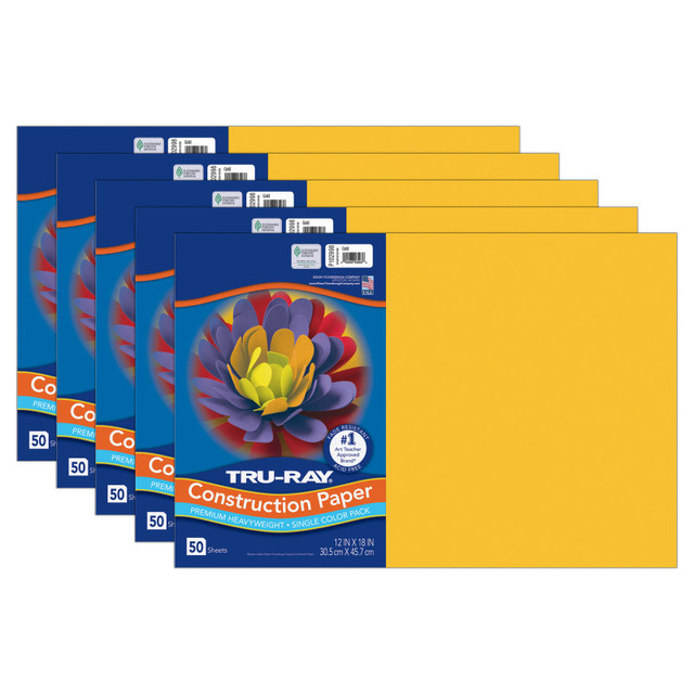 DIXON TICONDEROGA CO Tru-Ray® Construction Paper, Heavyweight, Gold, 12" x 18", 50 Sheets Per Pack, 5 Packs