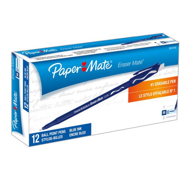 NEWELL BRANDS DISTRIBUTION LLC Paper Mate® Eraser Mate® Erasable Pen, Medium Point, Blue, 12 Count