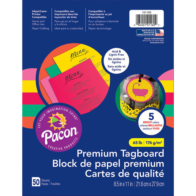 DIXON TICONDEROGA CO Pacon® Premium Tagboard, 5 Assorted Bright Colors, 8-1/2" x 11", 50 Sheets