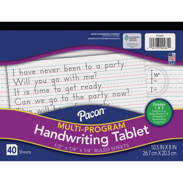 DIXON TICONDEROGA CO Pacon® Multi-Program Handwriting Tablet, D'Nealian/Zaner-Bloser, 1/2" x 1/4" x 1/4" Ruled Long, 10-1/2" x 8", 40 Sheets