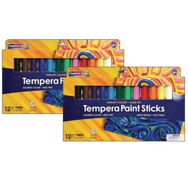 DIXON TICONDEROGA CO Creativity Street® Glide-On Tempera Paint Sticks, 12 Assorted Primary Colors, 5 grams, 12 Per Pack, 2 Packs