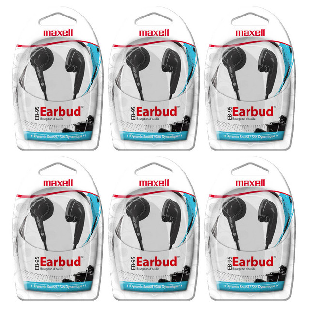 MAXELL CORP OF AMERICA Maxell Budget Stereo Earbuds, Black, Pack of 6