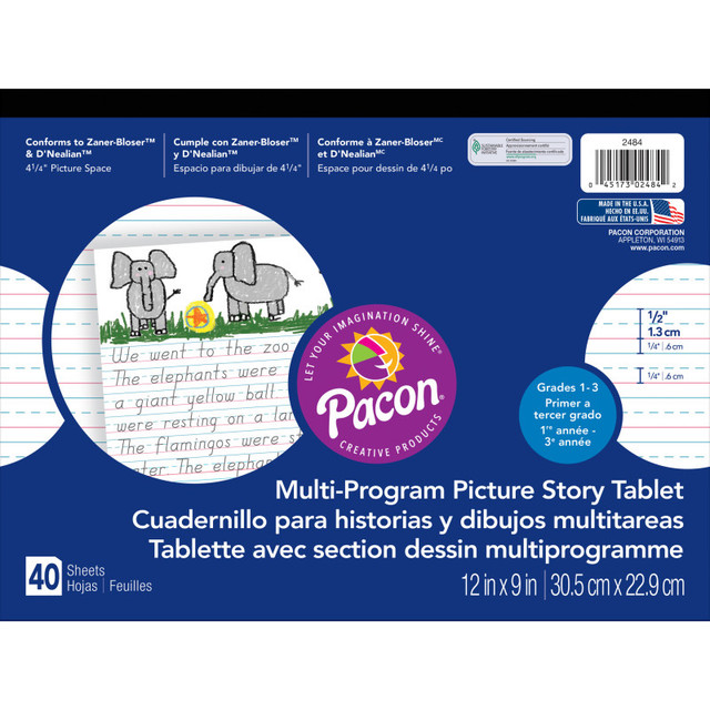 DIXON TICONDEROGA CO Pacon® Multi-Program Handwriting Tablet, D'Nealian/Zaner-Bloser, 1/2" x 1/4" x 1/4" Ruled & 4-1/4" Picture Story Space, 12" x 9", 40 Sheets