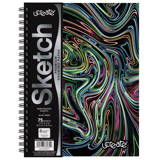 DIXON TICONDEROGA CO UCreate® Fashion Poly Sketch Book, 9" x 12", 75 Sheets, Neon Abstract Design