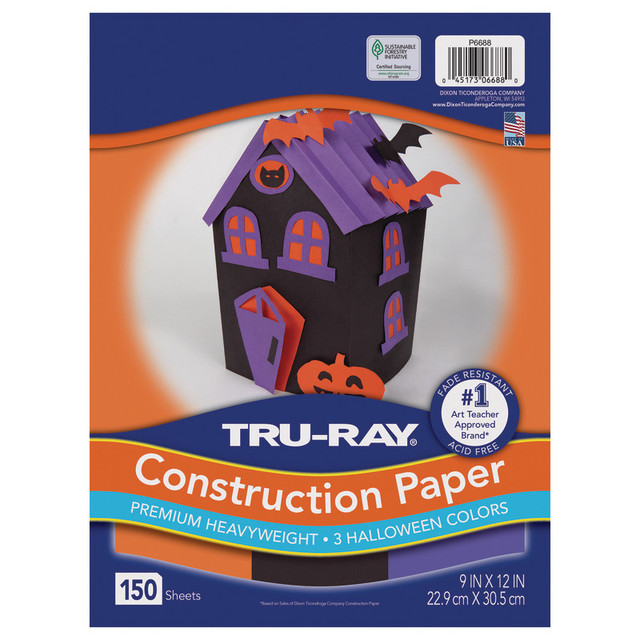 DIXON TICONDEROGA CO Tru-Ray® Construction Paper, Heavyweight, Halloween Assortment, Black, Orange, Purple, 9" x 12", 150 sheets
