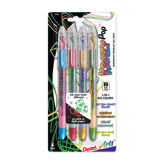 PENTEL OF AMERICA Pentel Arts Krazy Pop Iridescent Gel Pen, 1.0mm Bold line, Assorted Ink (XC/BD/CP/DG), 4-Pack