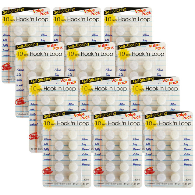 MILLER STUDIO Magic-Mounts® Self-Sticking Hook 'N Loop Dots 5/8", White, 10 Sets Per Pack, 12 Packs