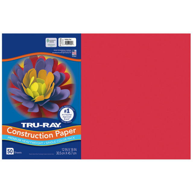 DIXON TICONDEROGA CO Tru-Ray® Construction Paper, Heavyweight, Holiday Red, 12" x 18", 50 Sheets