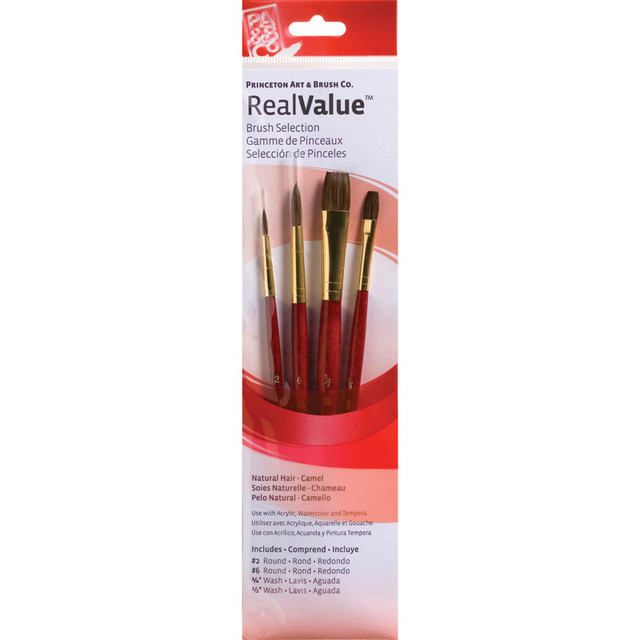 DIXON FINE ART Princeton RealValue Brush Set, Camel Bristles, Short Handle Mixed Media Paintbrush, Red, 4 Pieces