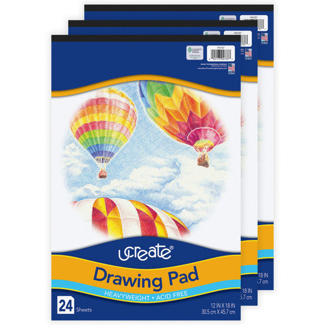 DIXON TICONDEROGA CO UCreate® Drawing Paper Pad, Heavyweight, 12" x 18", 24 Sheets, Pack of 3