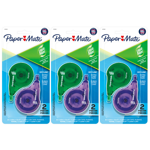 NEWELL BRANDS DISTRIBUTION LLC Paper Mate® Liquid Paper DryLine, Extra Long Tape, Assorted Colors, 2 Per Pack, 3 Packs