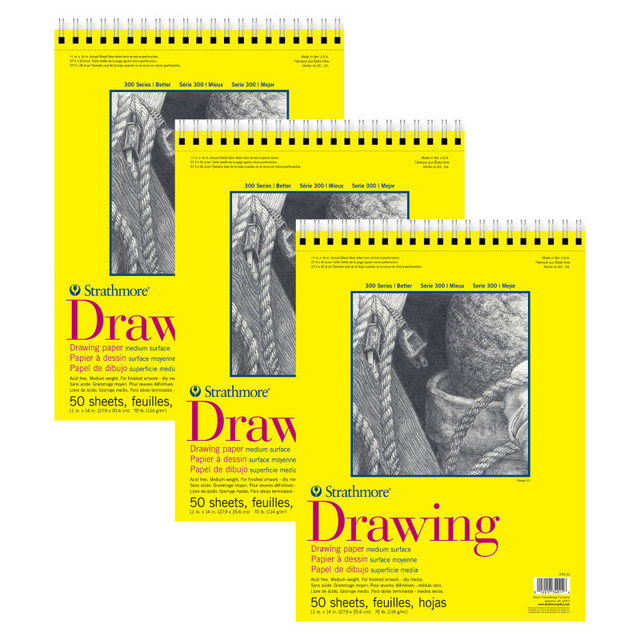 DIXON FINE ART Strathmore 300 Series Drawing Pad, Top Wire Binding, 50 Sheet, 11x14 inch, Pack of 3