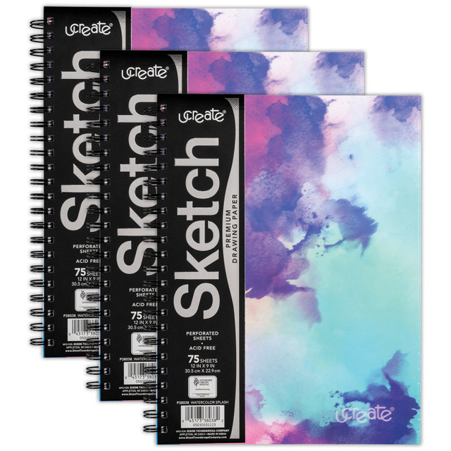 DIXON TICONDEROGA CO UCreate® Fashion Poly Sketch Book, Watercolor Splash, Unruled, 12" x 9", Pack of 3