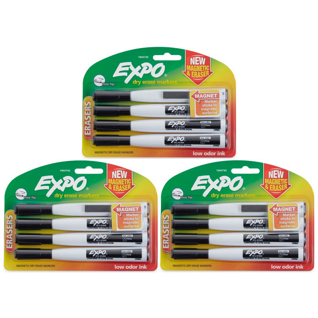 NEWELL BRANDS DISTRIBUTION LLC EXPO® Magnetic Dry Erase Markers with Eraser, Fine Tip, Black, 4 Per Pack, 3 Packs