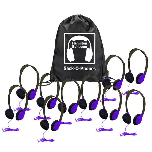 HAMILTON ELECTRONICS VCOM HamiltonBuhl® Sack-O-Phones, 10 Personal Headphones in a Carry Bag, Purple
