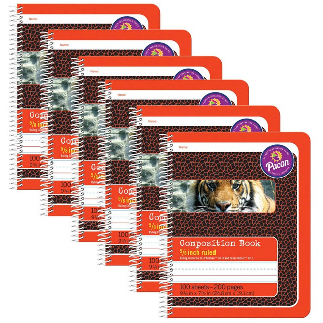 DIXON TICONDEROGA CO Pacon® Primary Composition Book, Spiral Bound, D'Nealian/Zaner-Bloser, 5/8" x 5/16" x 5/16" Ruled, 9-3/4" x 7-1/2", 100 Sheets, Pack of 6